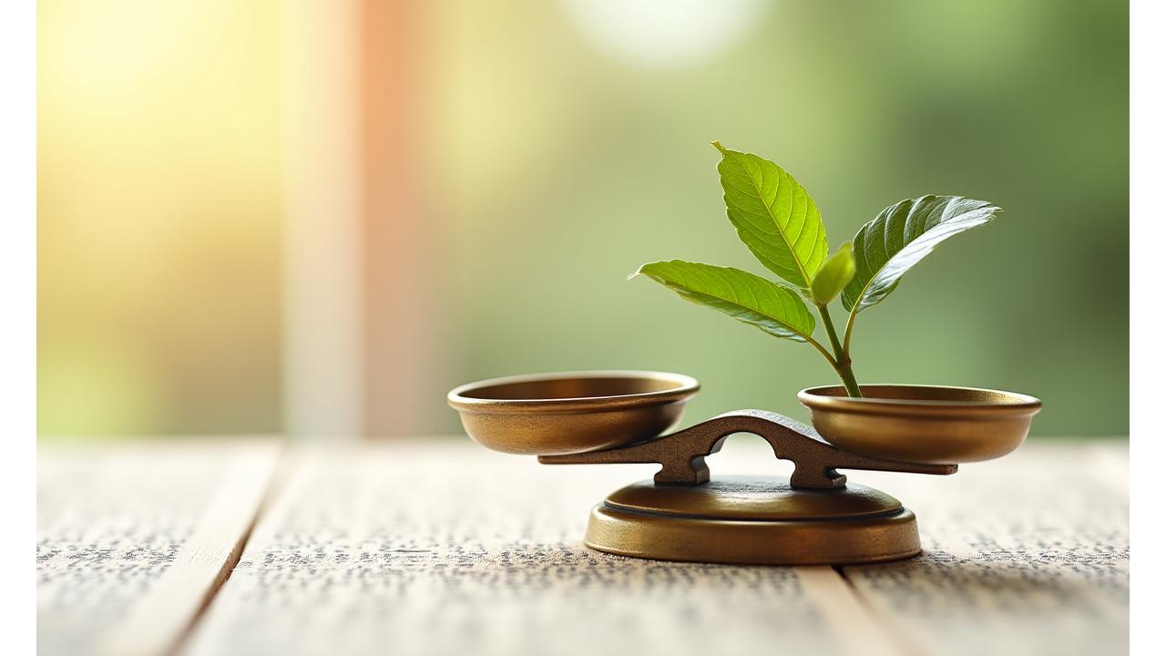 Eine Waage mit ausgewogenen Gewichten, umgeben von Gesetzestexten und einem wachsenden Blatt, symbolisiert faire Bedingungen und Wachstum bei Lebenslust Vitality.