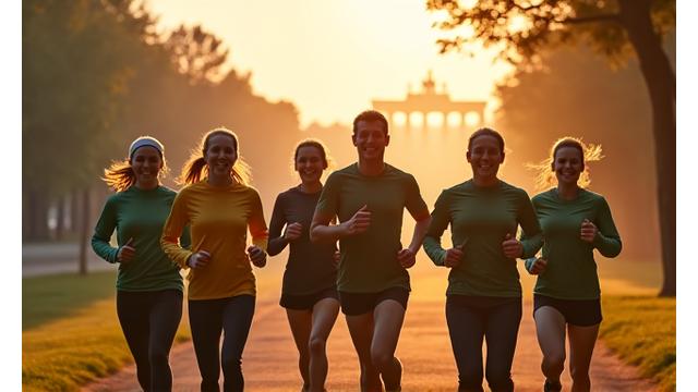 Gruppe von Läufern im Tiergarten, Berlin, bei Sonnenaufgang.