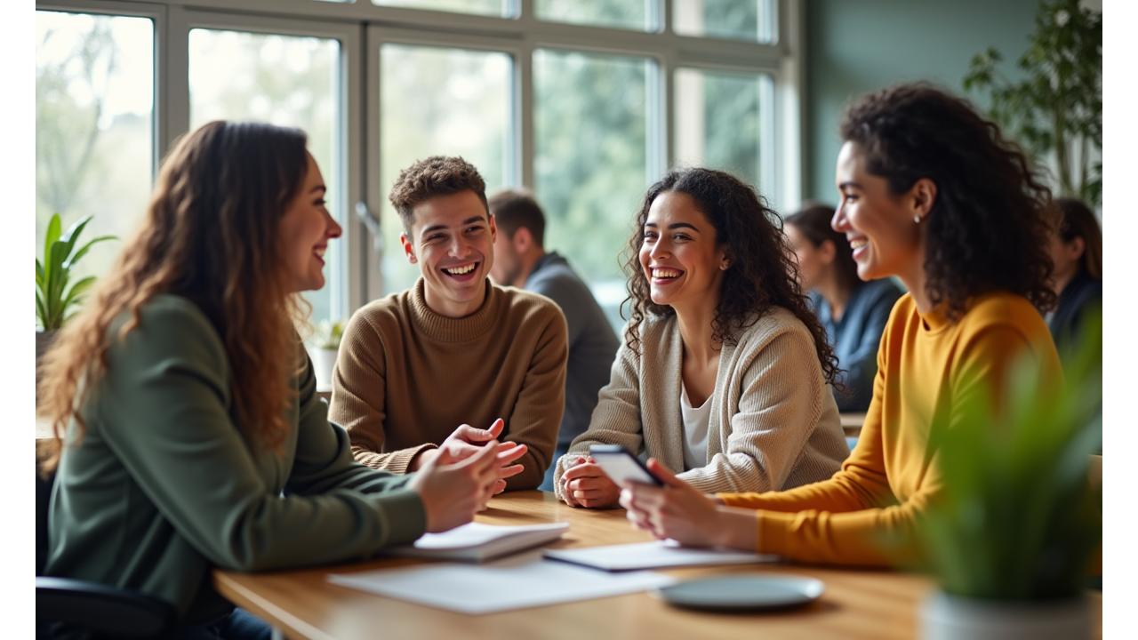 Eine vielfältige Gruppe von Menschen lacht und interagiert in einem hellen, modernen Raum, symbolisch für eine unterstützende Online-Community, umgeben von Pflanzen.