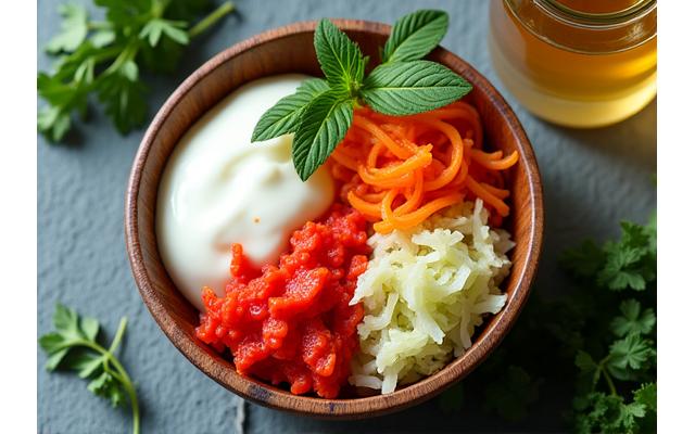 Eine Schale fermentierter Lebensmittel wie Kefir, Kimchi und Sauerkraut