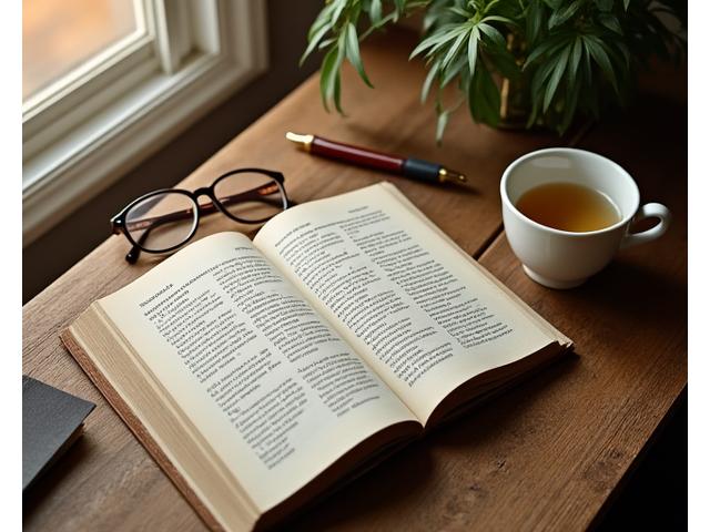 Ein Stillleben aus einem offenem Buch, einer Tasse Kräutertee und einem Notizbuch mit Stift auf einem Holztisch, im warmen, natürlichen Licht, das Ruhe und analoge Freizeit symbolisiert.