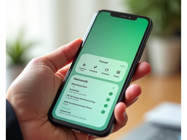Close-up auf ein Smartphone mit einem Bildschirm, der vereinfachte App-Symbole und ein Benachrichtigungs-Management-Interface zeigt, mit reduziertem visuellen Lärm.