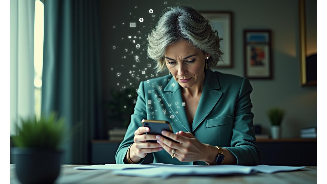 Eine Frau mittleren Alters, die mit verschränkten Armen und einem besorgten Gesichtsausdruck auf ein überladenes Smartphone blickt, umgeben von schwebenden App-Symbolen, die ihre Aufmerksamkeit fordern.