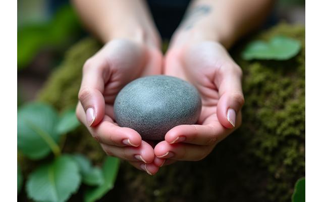 Nahaufnahme einer Hand, die sanft einen glatten Flussstein hält, symbolisiert Erdung und Präsenz im Moment. Der Hintergrund ist weich fokussiert und naturverbunden.