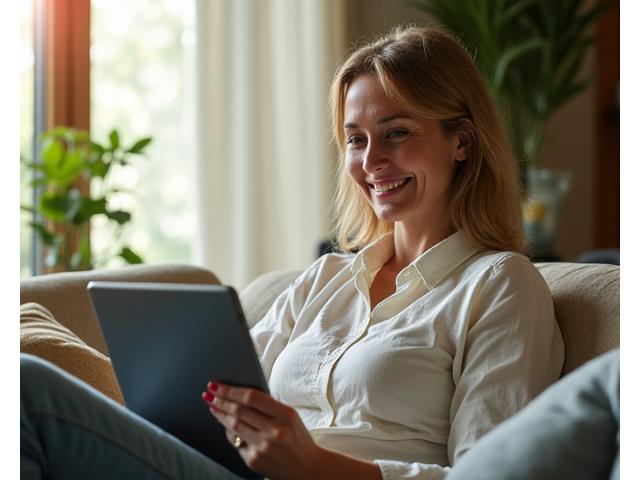 Eine Frau in ihrem 40ern, die beim Lesen eines Blogs auf einem Tablet lächelt, im Hintergrund unscharfe Grünpflanzen und modernes, gemütliches Interieur. Fokus auf Wohlbefinden und Wissen.