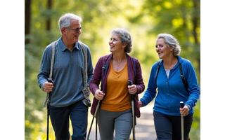 Eine fröhliche Gruppe von Erwachsenen mittleren Alters, die gemeinsam im Freien Nordic Walking betreiben, lachend und in Bewegung.