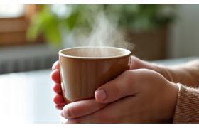 Eine Hand hält eine Tasse Kräutertee, vermittelt Entspannung und Wohlbefinden.