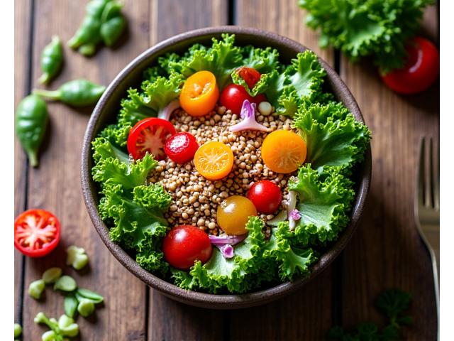 Detailaufnahme einer gesunden Salatbowl mit bunten Zutaten, Fokus auf Darmgesundheit.