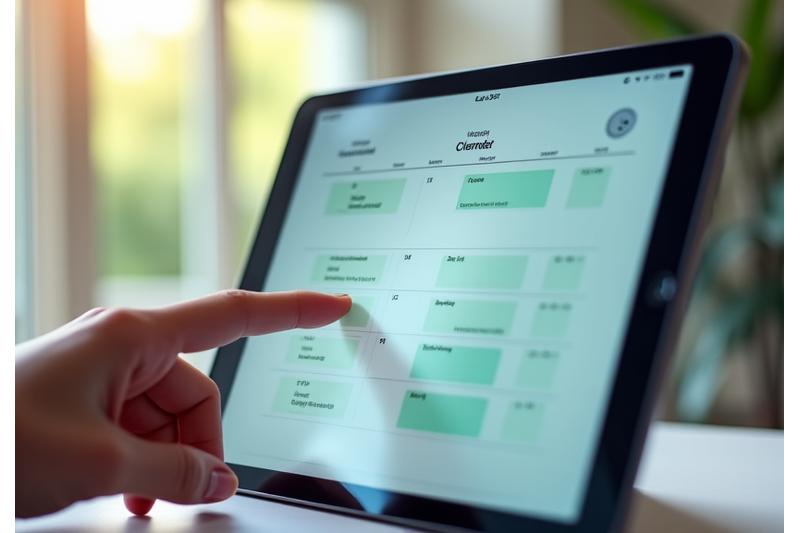 Detailansicht eines modernen Online-Kalenders auf einem Tablet, der verfügbare Termine in Grün anzeigt, mit einer Hand, die darauf tippt.