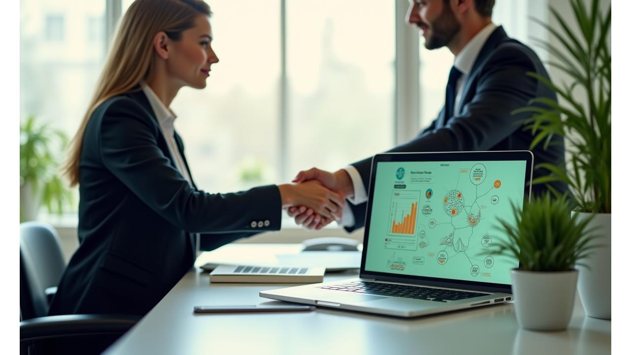 Zwei Geschäftspartner reichen sich über einem Laptop die Hände, vor einem Hintergrund mit schematischen Diagrammen und Wellness-Symbolen, was Zusammenarbeit und Wachstum darstellt.