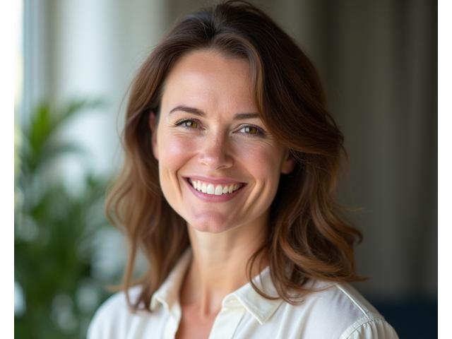 Porträt von Anna Schmidt, einer lächelnden Frau mittleren Alters mit freundlichem Ausdruck und einem Hintergrund, der eine harmonische Umgebung andeutet.