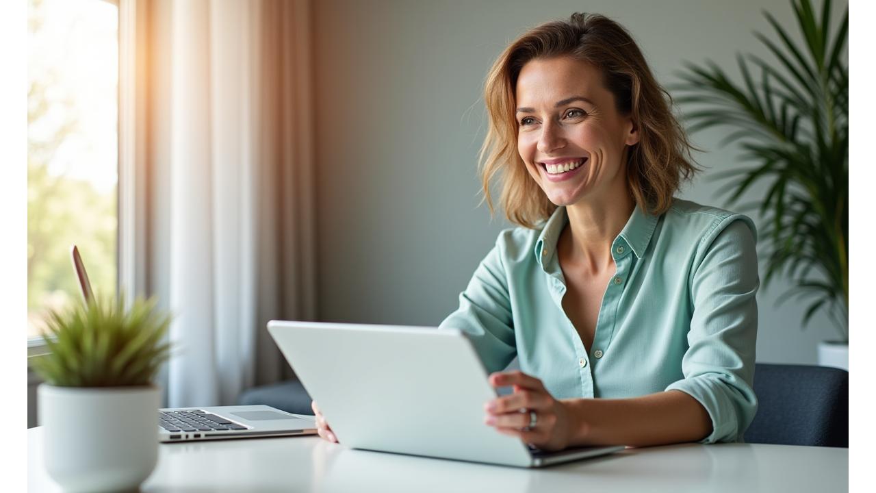 Professioneller Coach bietet personalisierte Beratung per Video-Anruf auf einem Tablet an, umgeben von einem modernen, hellen Raum.