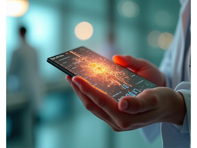 Hand, die einen digitalen Gesundheitsmonitor hält, der Telomerlängen und Entzündungswerte anzeigt