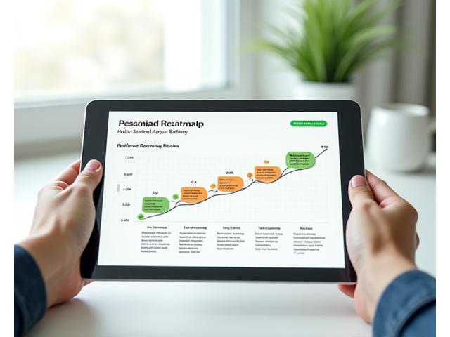 Moderne Infografik einer personalisierten Gesundheitsroadmap mit Meilensteinen und Fortschrittsbalken