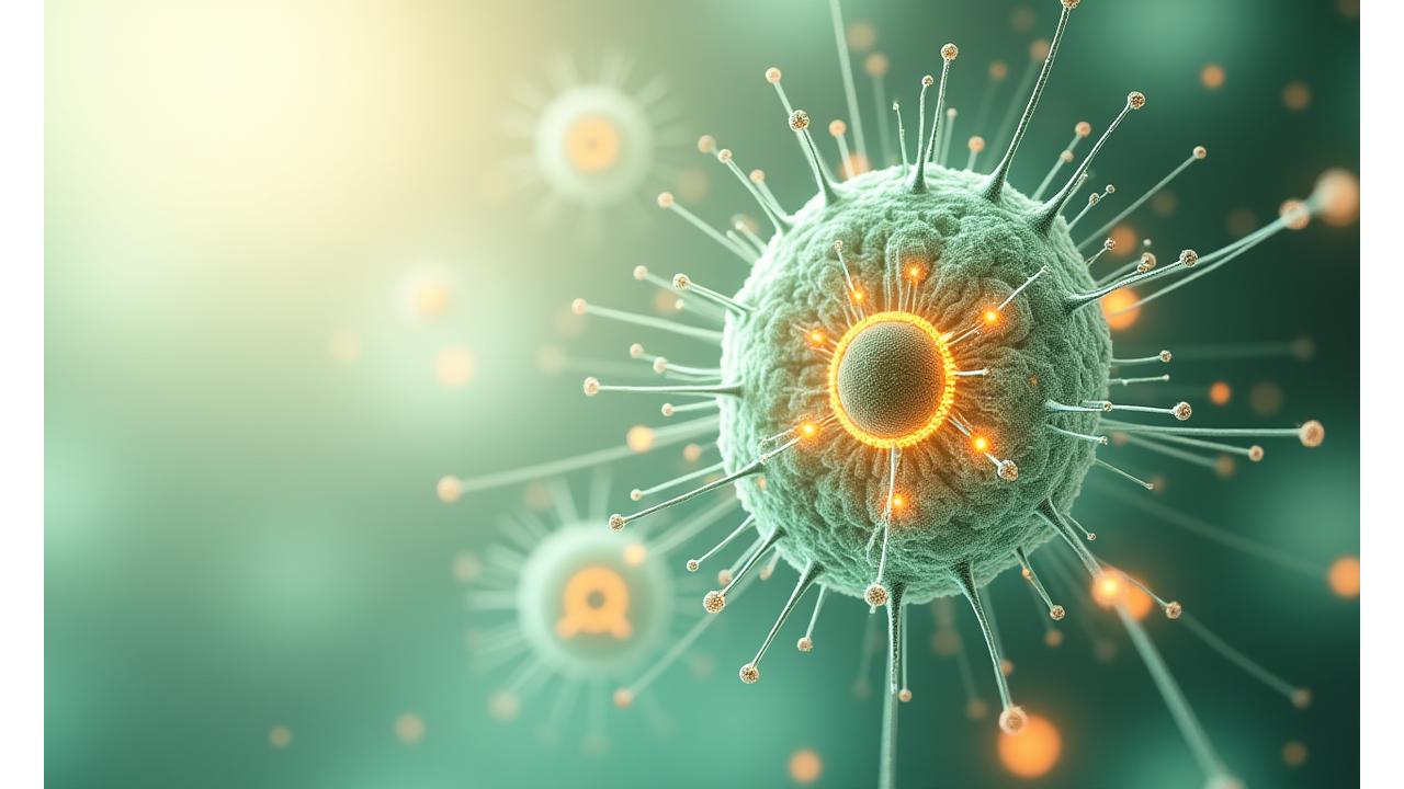 Illustration einer komplexen Infografik zur Zellalterung und biologischen Uhren, leuchtende Datenpunkte auf einem organischen Hintergrund.