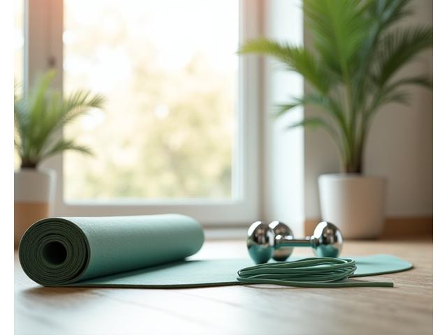 Fitnessgeräte wie Kurzhanteln und eine Yogamatte in einer hellen, inspirierenden Sportumgebung.