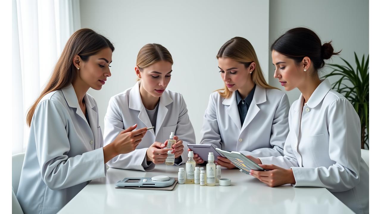 Ein Team von Experten, die verschiedene Wellness-Produkte sorgfältig prüfen und auswählen, auf einem hellen, aufgeräumten Tisch.