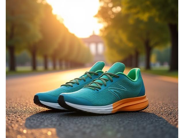 Nahaufnahme von hochwertigen Laufschuhen vor dem Hintergrund der sommerlichen Berliner Museumsinsel.