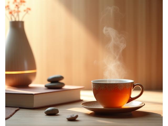 Eine Tasse Kräutertee und ein Buch auf einer ruhigen Oberfläche, die Ruhe und mentale Entspannung symbolisieren.