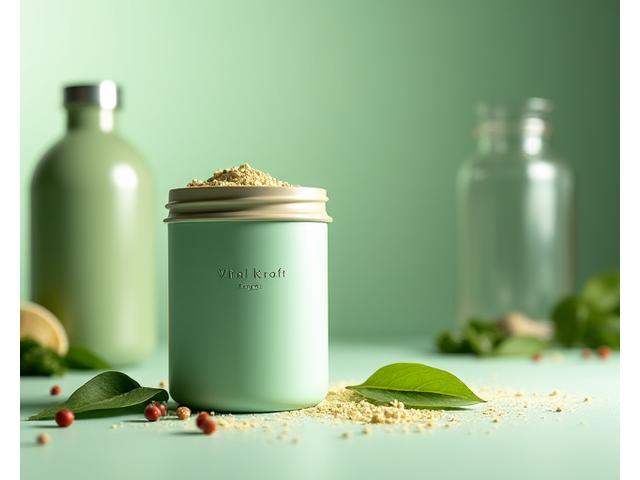 Ein hochwertiges Protein-Pulver im Vordergrund mit einem Shaker im Hintergrund.