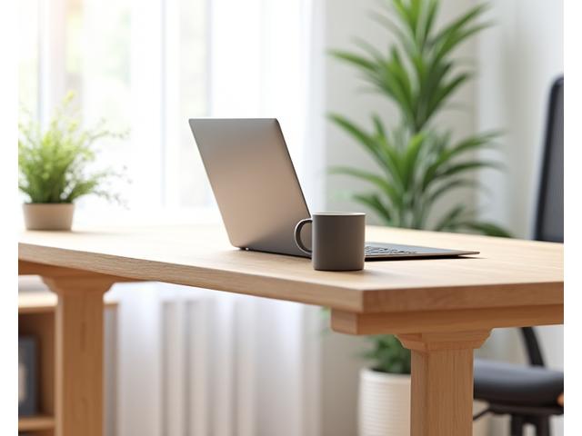 Ein modernes Stehpult in einem aufgeräumten Heimbüro, das eine ergonomische Arbeitsweise fördert.