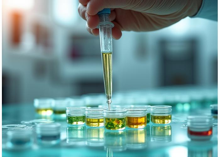 Eine Nahaufnahme eines Wissenschaftlers, der in einem Labor eine Probe in einer Petrischale untersucht, um den rigorosen Testprozess zu symbolisieren.