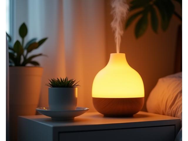 Ein Nachttisch mit einem Aroma-Diffusor, einem Lichtwecker und einer sanften Beleuchtung.