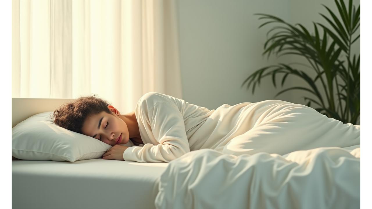 Eine friedlich schlafende Person in einem ruhigen, aufgeräumten Schlafzimmer.