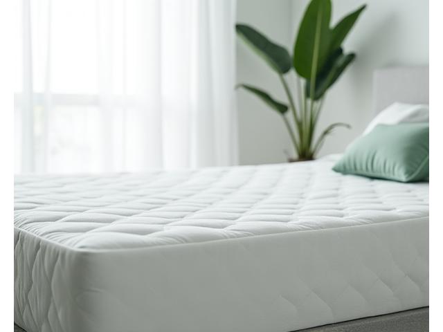 Eine hochwertige ergonomische Matratze mit einem passenden Kissen in einem hellen Schlafzimmer.