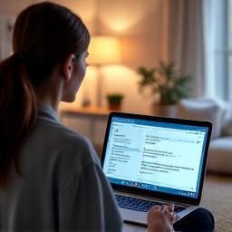 Eine Frau studiert entspannt an einem Laptop, der einen Online-Kurs anzeigt.