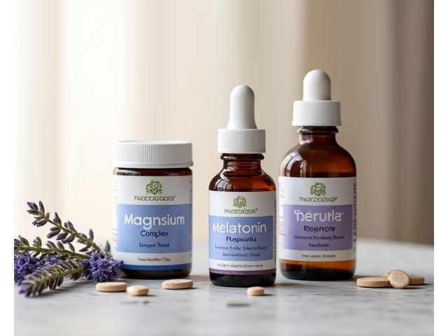 Kleine Flaschen mit Melatonin- und Magnesiumsupplementen neben einigen entspannenden Kräutern.