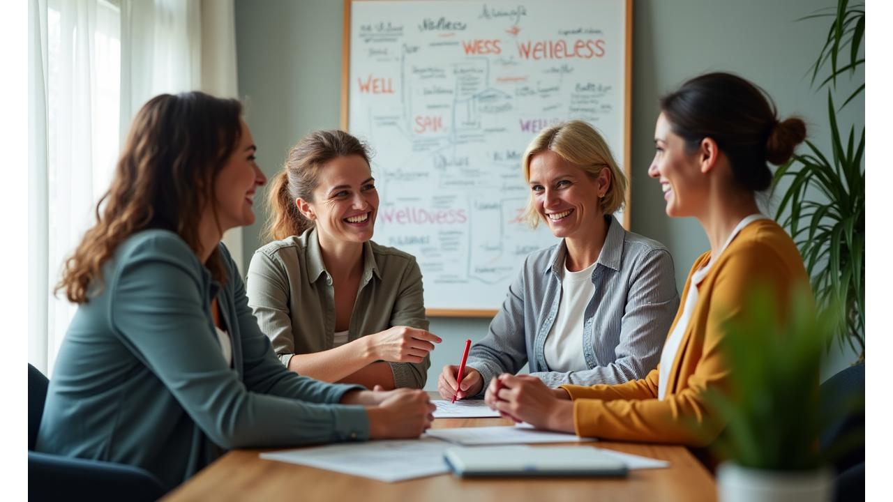 Ein herzliches Team von Wellness-Coaches, die lächelnd in einem modernen, hellen Büro interagieren und das Konzept von Energie und Lebensfreude vermitteln.