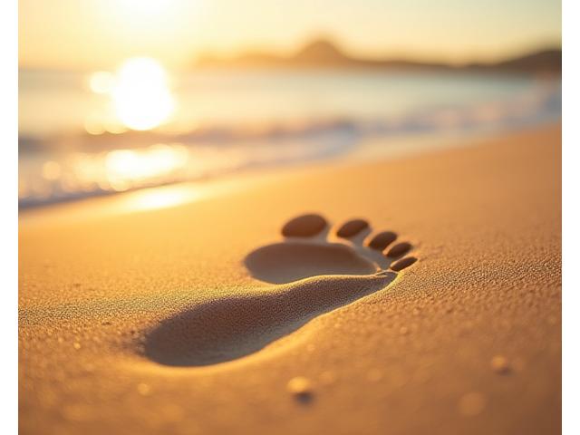 Eine Person, die ihren individuellen Fußabdruck auf einem Sandstrand hinterlässt, symbolisiert Einzigartigkeit und den persönlichen Weg zu Wohlbefinden, mit sanften Wellen und warmem Licht.