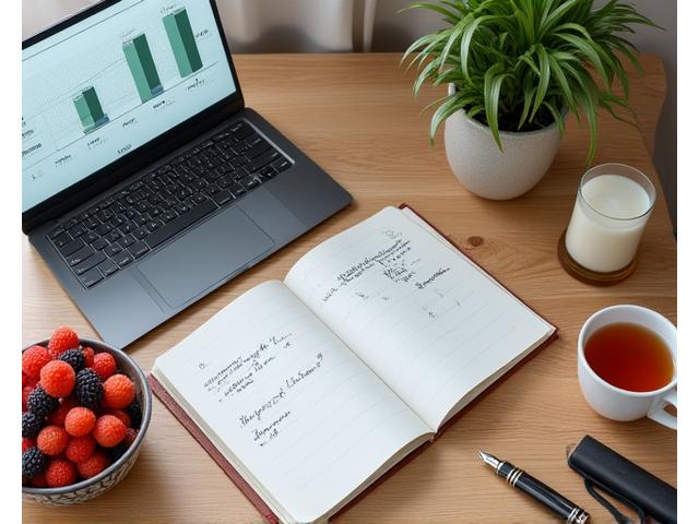 Ein Notebook zeigt wissenschaftliche Grafiken und im Vordergrund liegen praktische, alltagsnahe Gegenstände wie eine Notizbuch, eine Tasse Tee und ein Obstkorb, die die Verbindung von Theorie und Praxis symbolisieren.