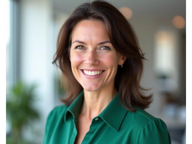 Porträt von Dr. Lena Schmidt, einer freundlich lächelnden Frau mittleren Alters mit brünetten Haaren und einer professionellen, aber zugänglichen Ausstrahlung.