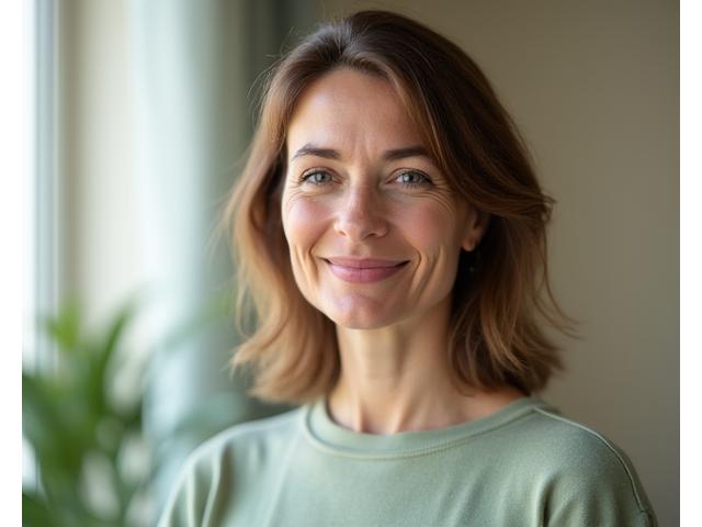 Porträt von Sophie Müller, einer jungen, warmherzig lächelnden Frau mit schulterlangen hellbraunen Haaren, die Empathie ausstrahlt.